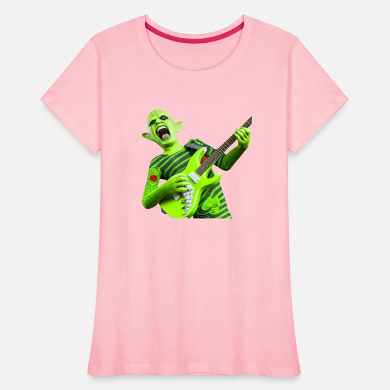 Huge green alien jamming on an electric guitar.