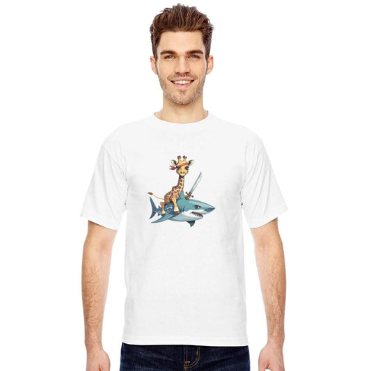 Giraffe Riding a Shark with a Sword – Surreal Art
