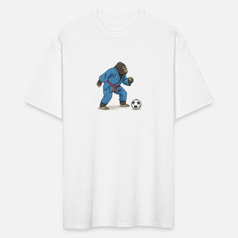 Gorilla playing soccer in karate kimono