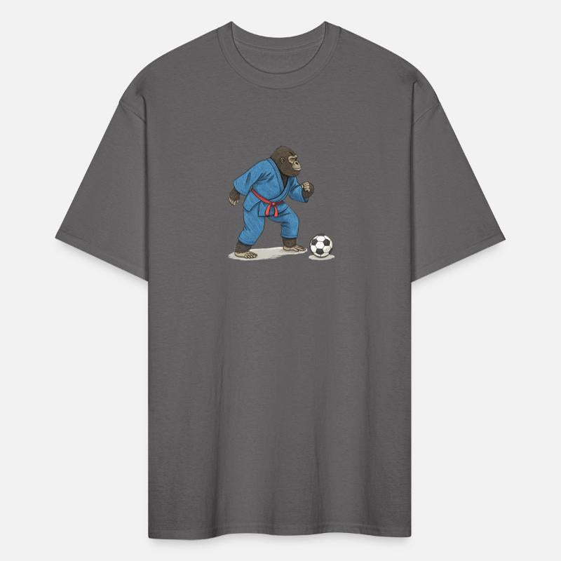 Gorilla playing soccer in karate kimono