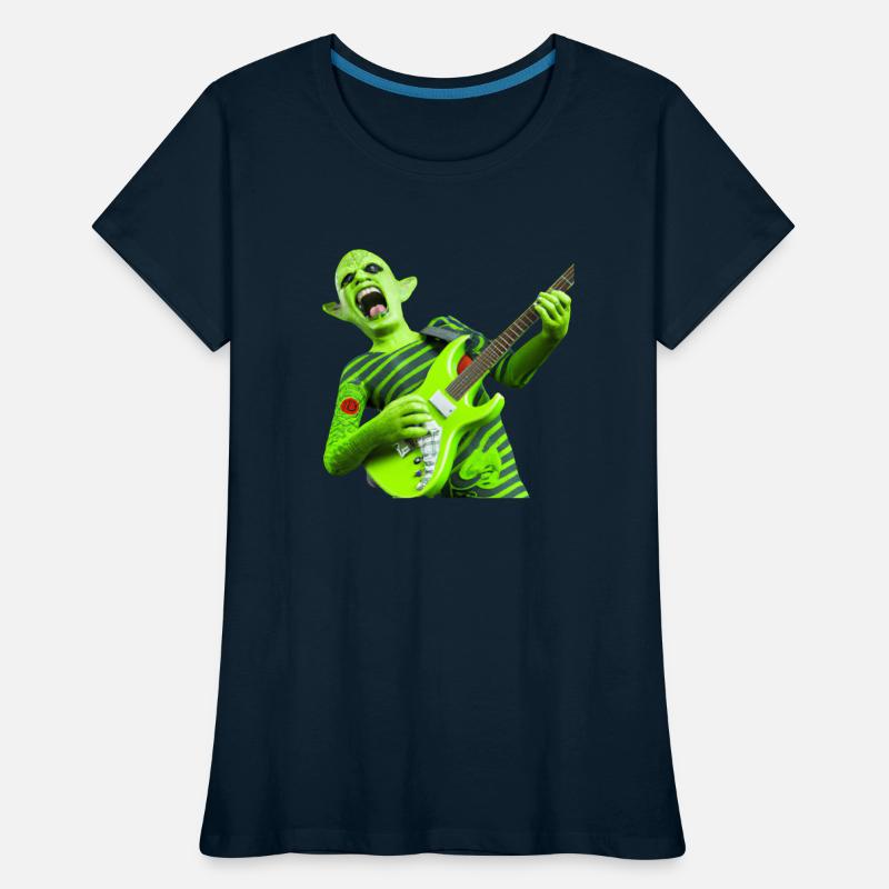Huge green alien jamming on an electric guitar.