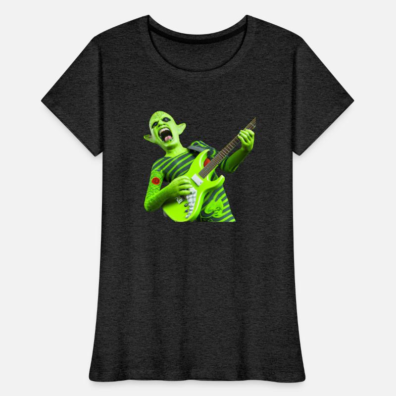 Huge green alien jamming on an electric guitar.