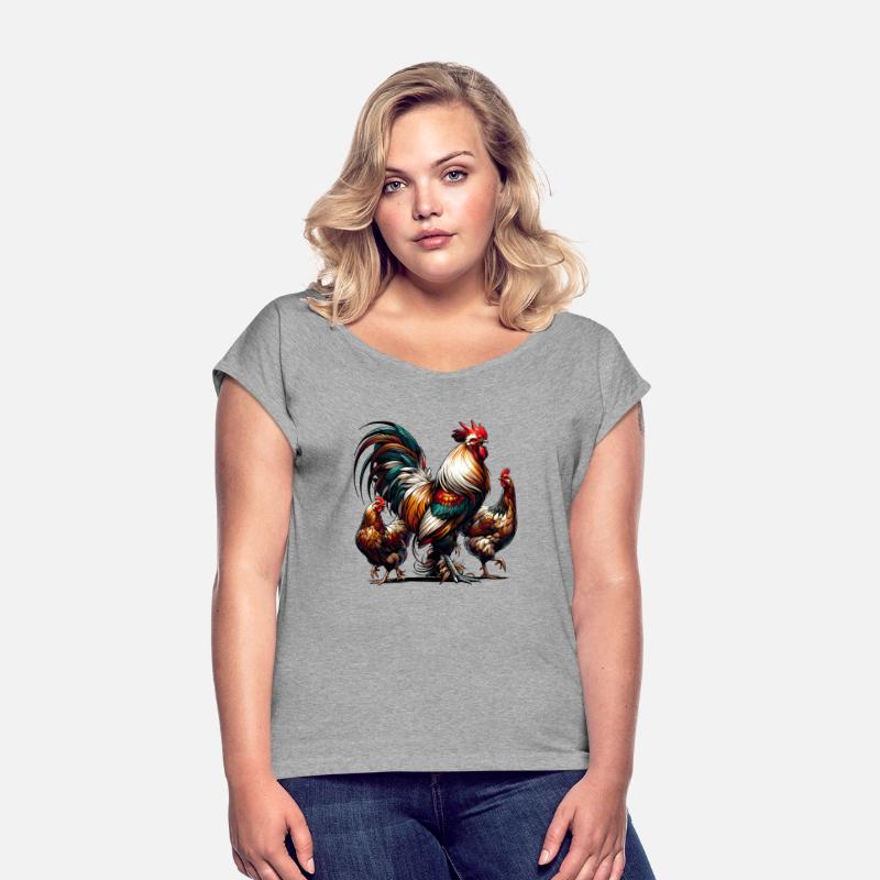 magnificent colorful rooster with two hens