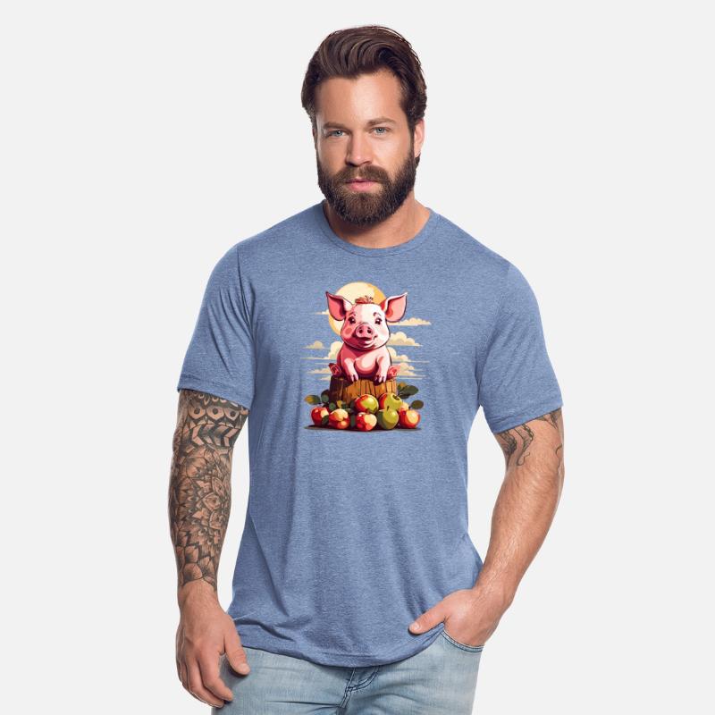 Pig sitting on log surrounded by apples