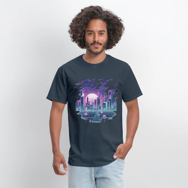 Retro Futuristic Neon Cityscape with Sunset and
