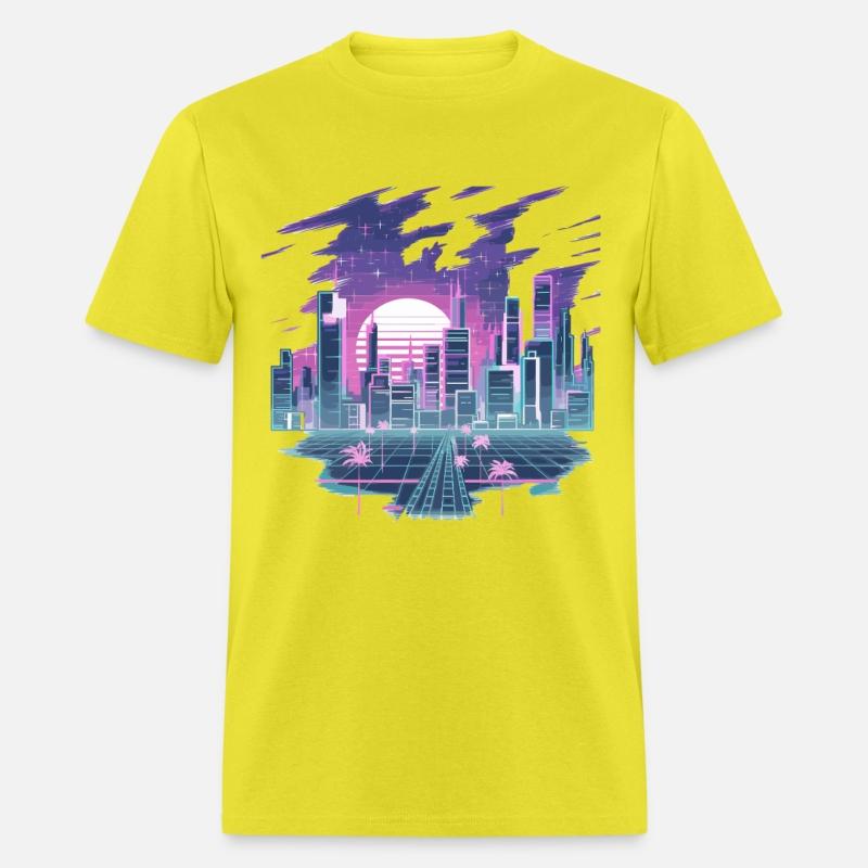 Retro Futuristic Neon Cityscape with Sunset and