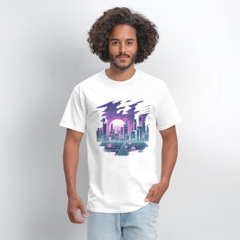 Retro Futuristic Neon Cityscape with Sunset and