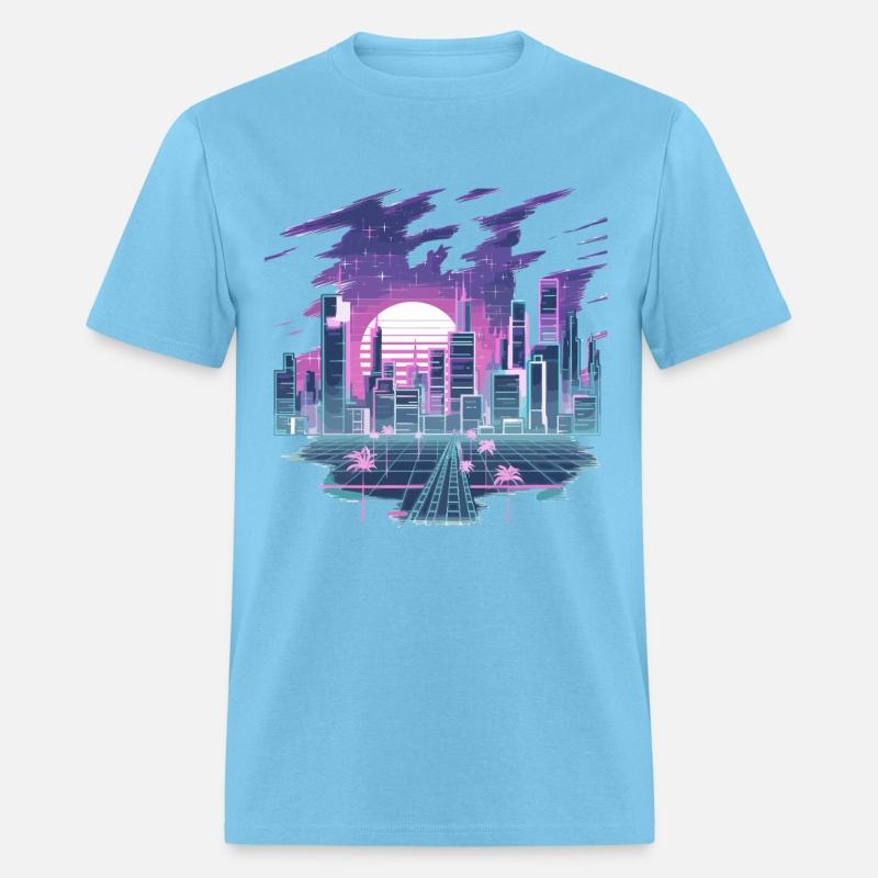Retro Futuristic Neon Cityscape with Sunset and
