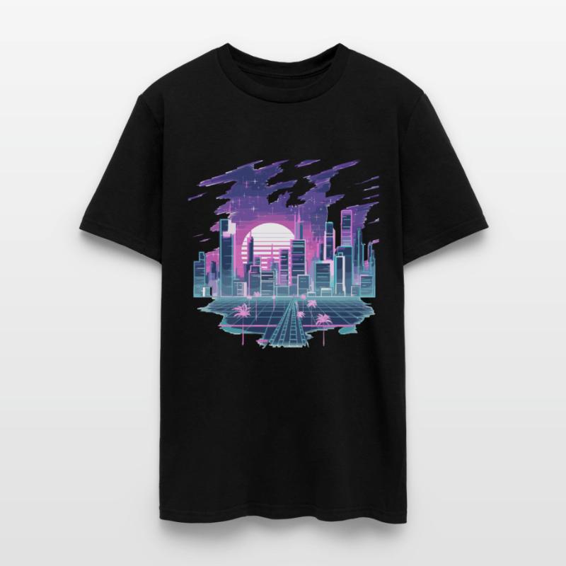 Retro Futuristic Neon Cityscape with Sunset and