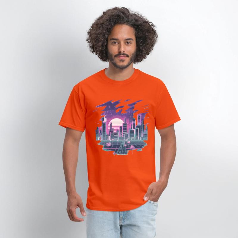 Retro Futuristic Neon Cityscape with Sunset and