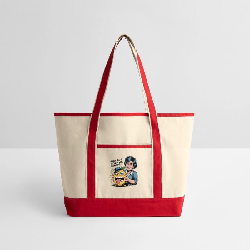 Smiling woman holding sour lemon cartoon face