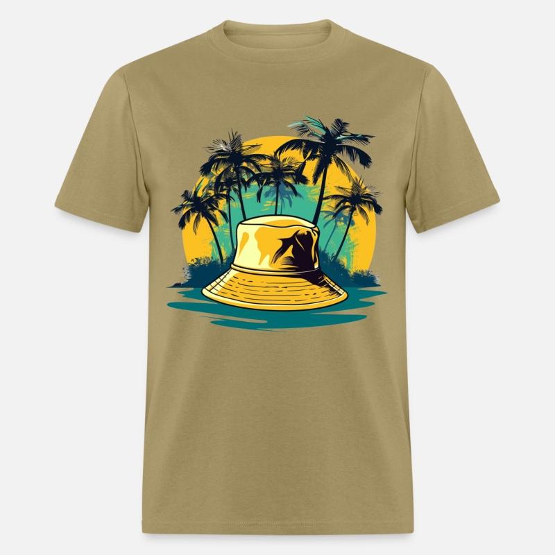 yellow bucket hat and palm trees on ocean island
