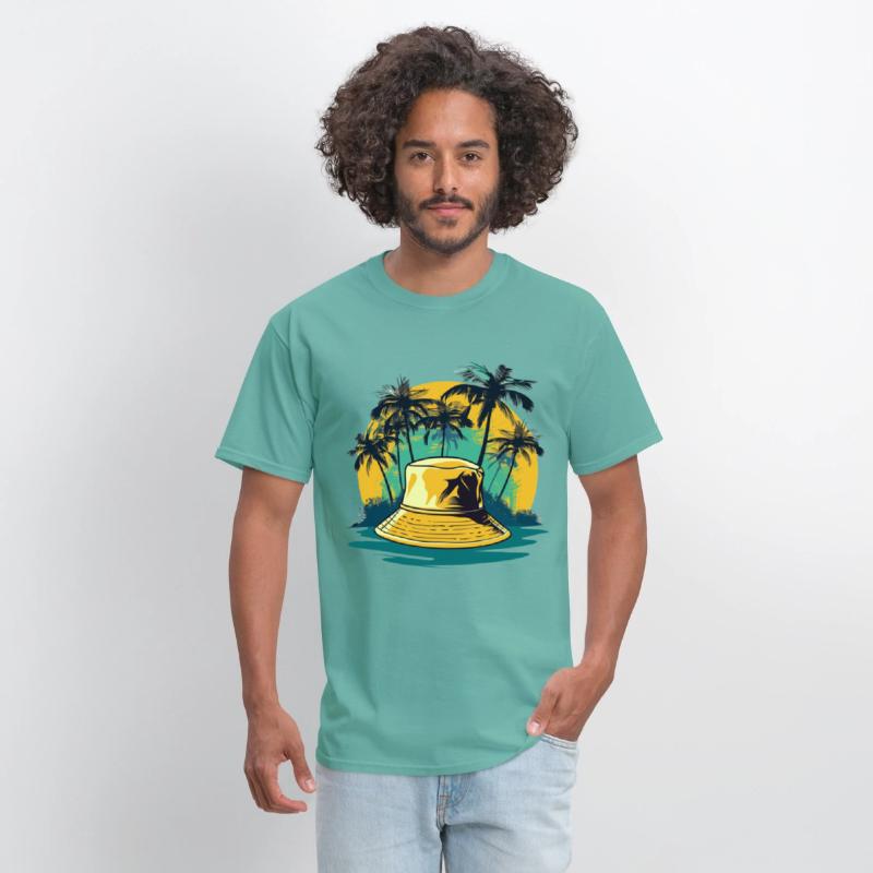 yellow bucket hat and palm trees on ocean island