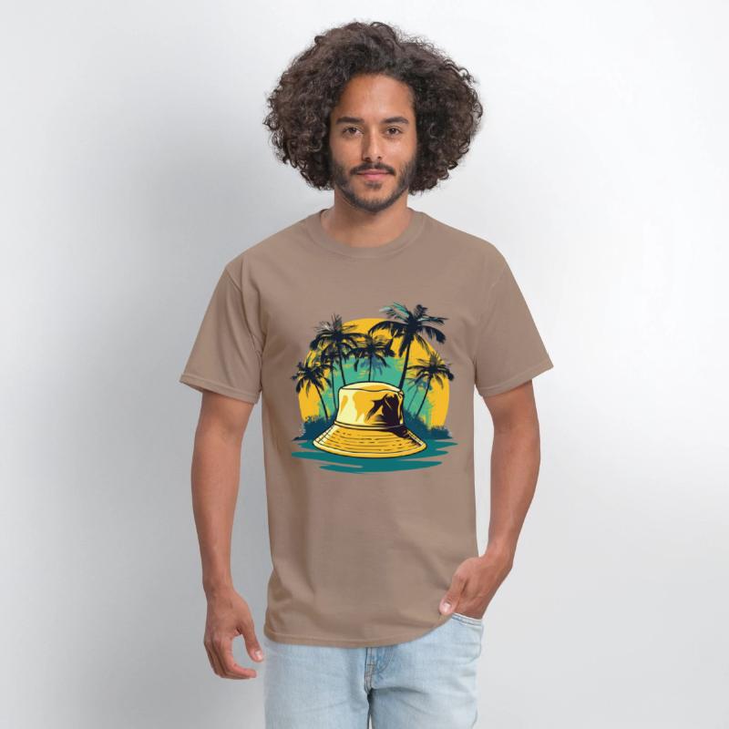 yellow bucket hat and palm trees on ocean island