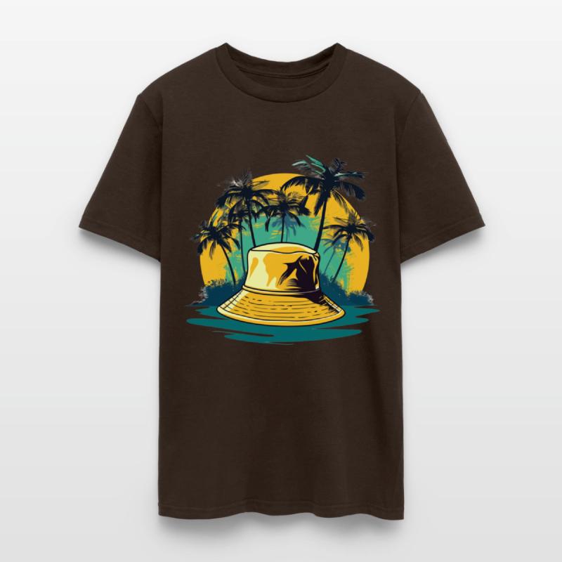 yellow bucket hat and palm trees on ocean island