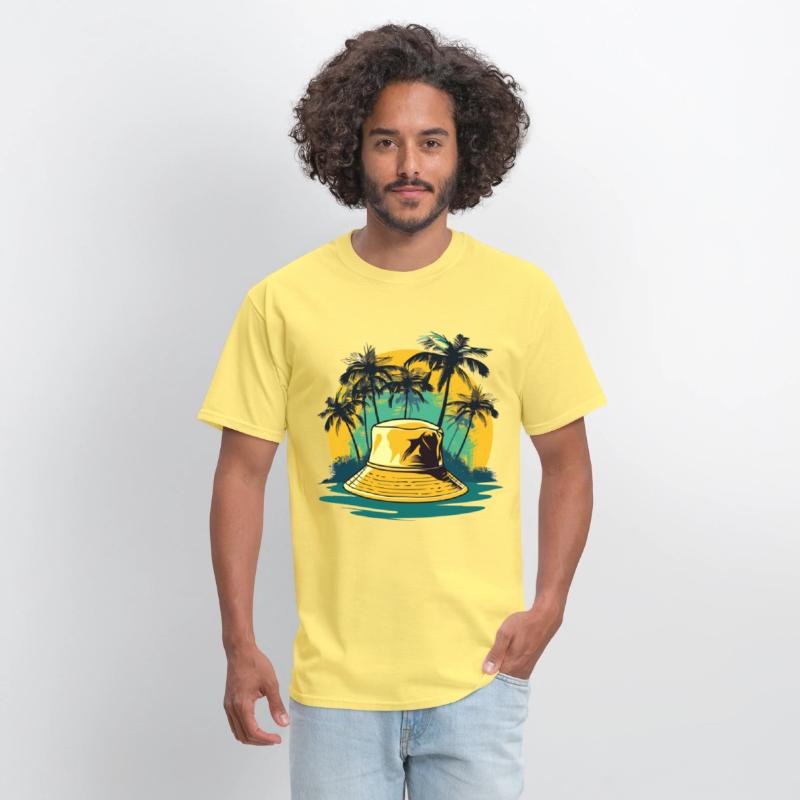 yellow bucket hat and palm trees on ocean island