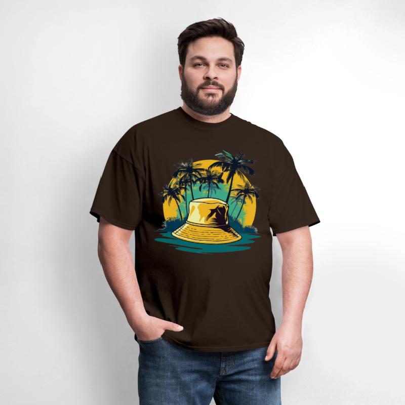 yellow bucket hat and palm trees on ocean island