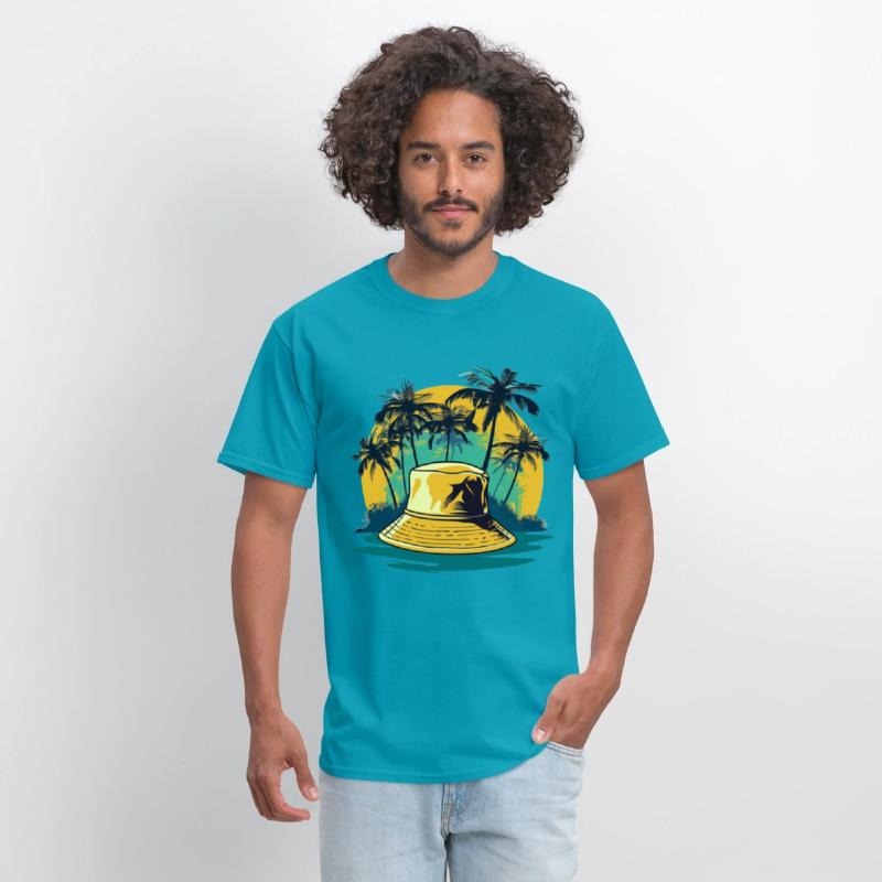 yellow bucket hat and palm trees on ocean island