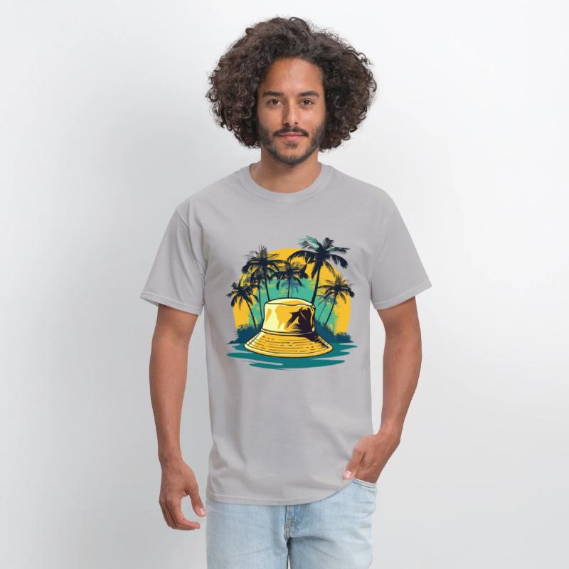 yellow bucket hat and palm trees on ocean island